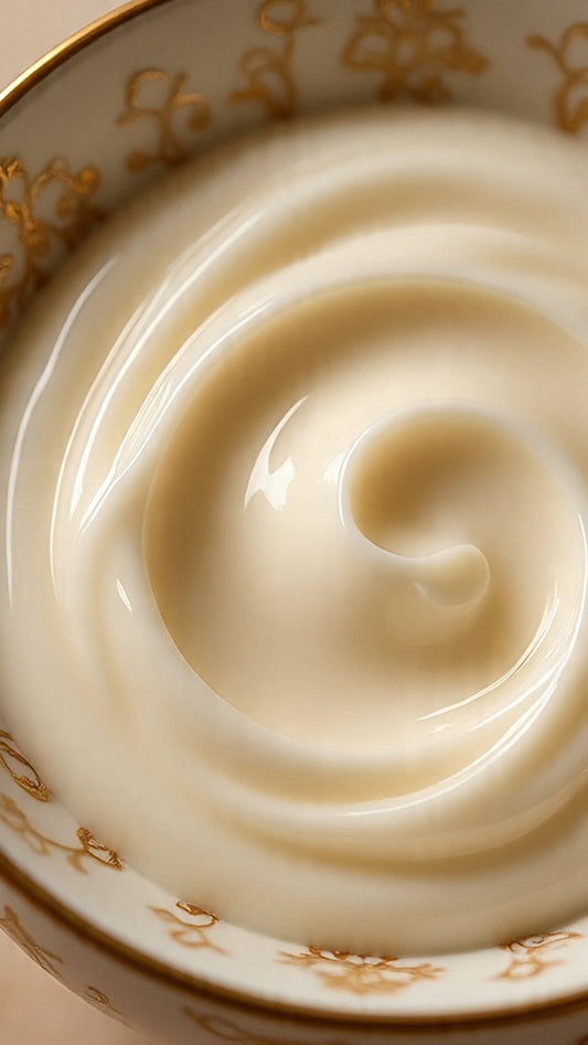 Close-up of a swirl of cream in a decorative bowl with gold patterns