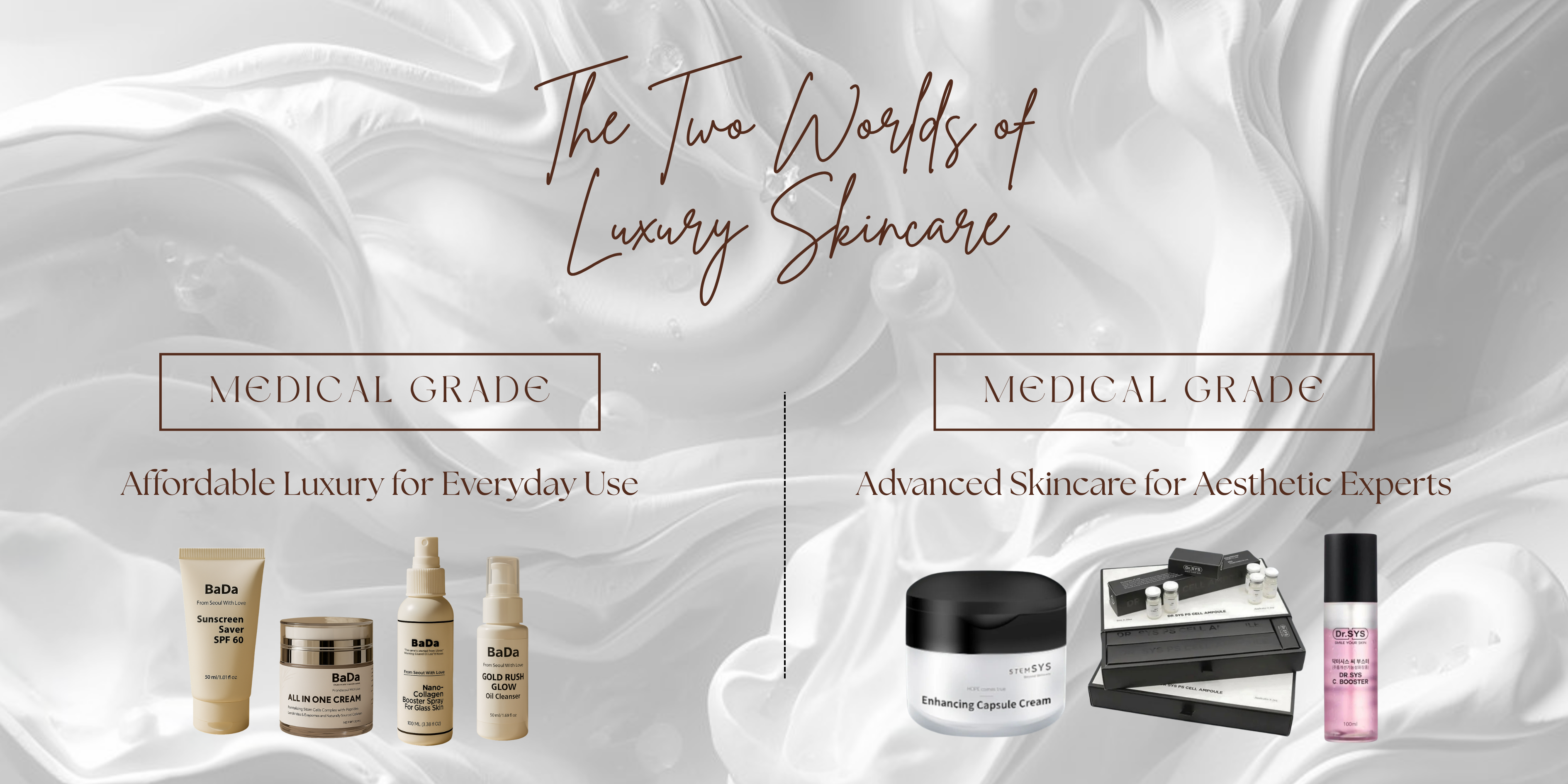 Advertisement for luxury skincare products with text 'The Two Worlds of Luxury Skincare' on a white background.