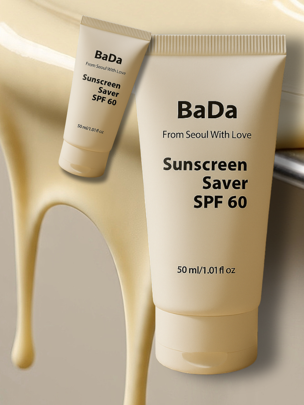 BaDa Sunscreen Saver SPF 60 tube with smaller tube in the corner on a beige background