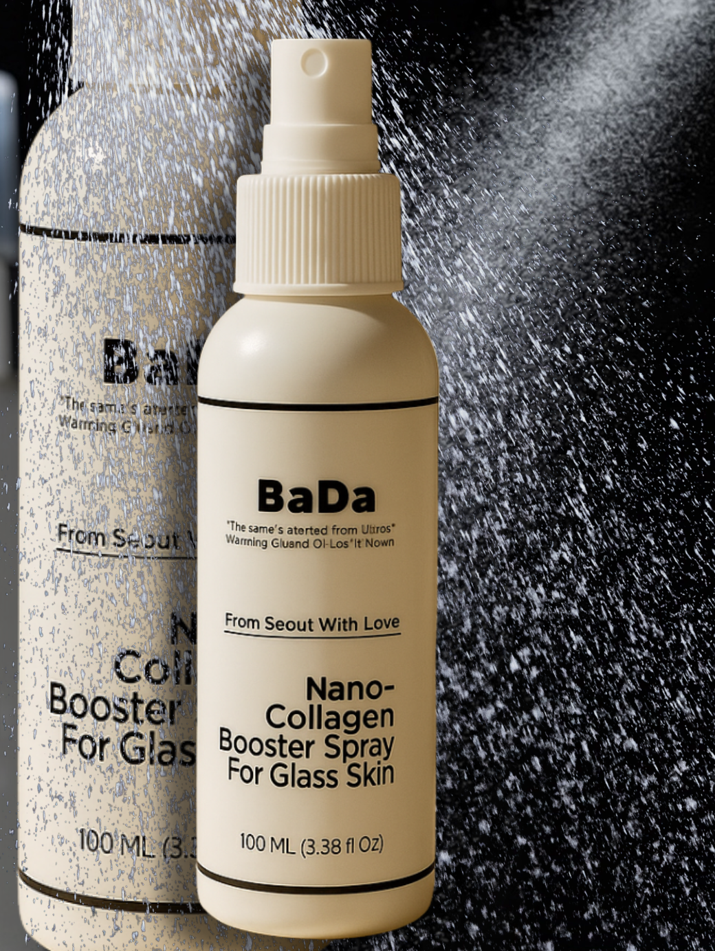 BaDa Nano-Collagen Booster Spray for Glass Skin with water droplets on a dark background