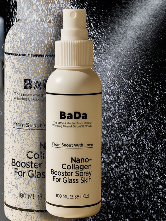 BaDa Nano-Collagen Booster Spray for Glass Skin with water droplets on a dark background