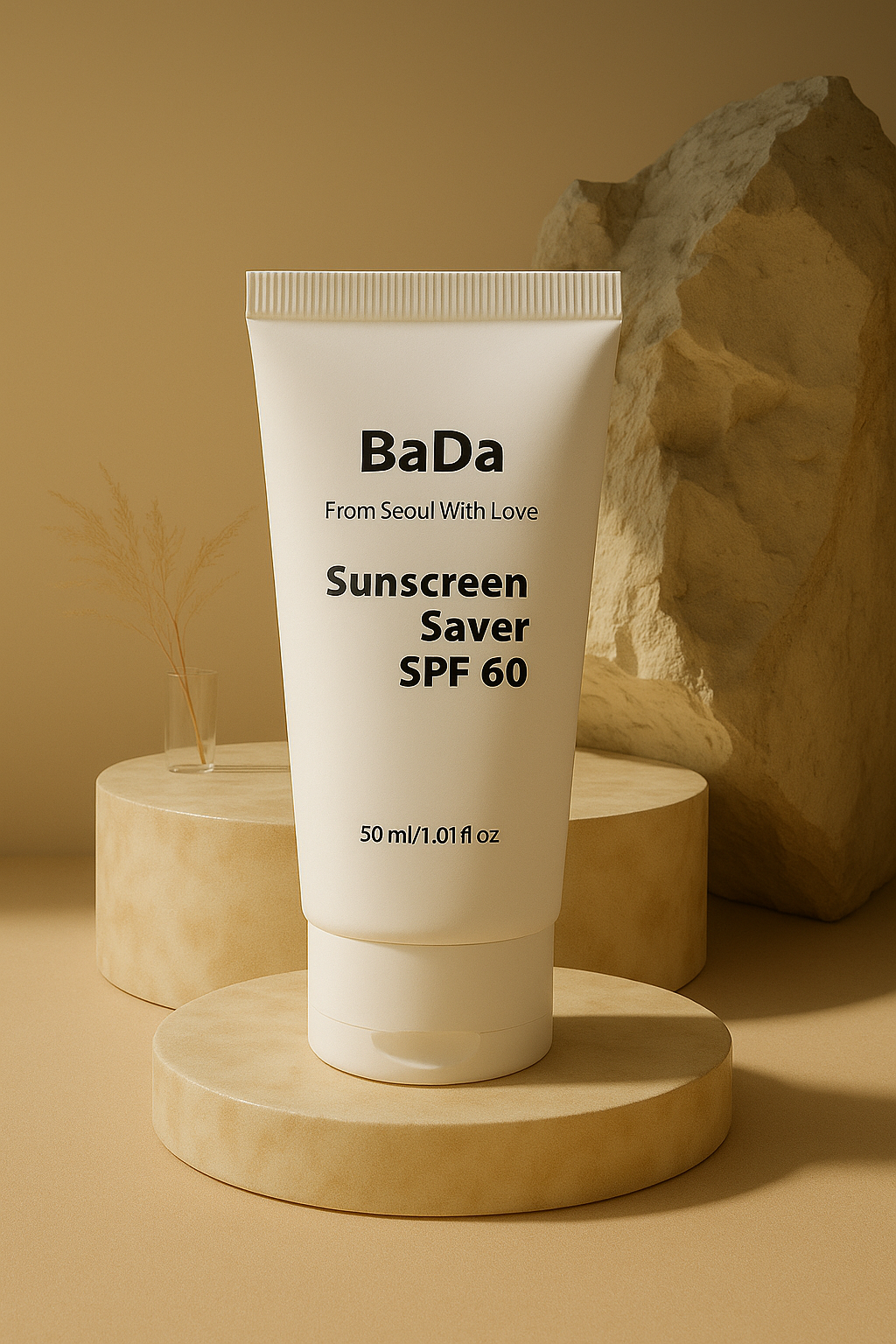 BaDa Sunscreen Saver SPF 60 tube on a wooden stand with a beige background