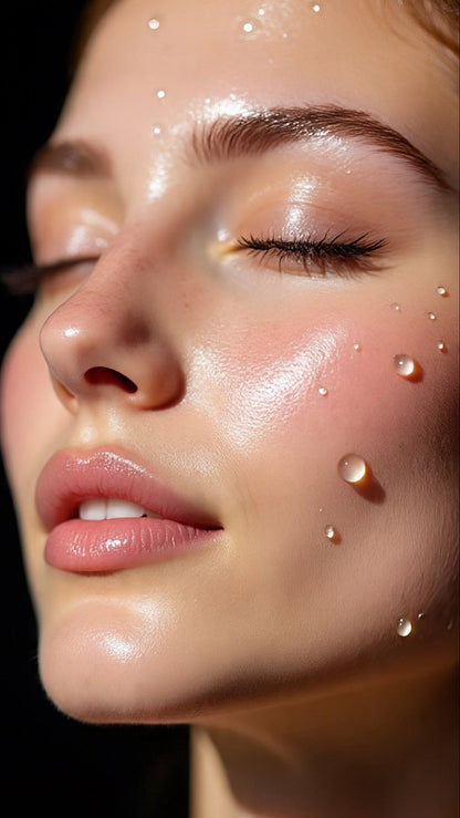 Close-up of a woman's face with water droplets on her skin against a dark background