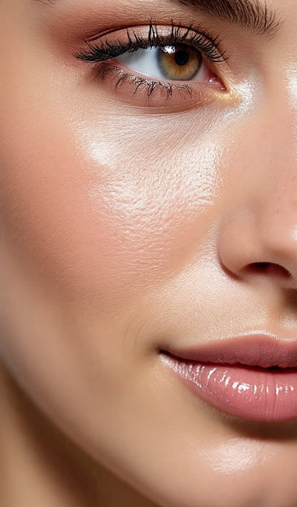 Close-up of a woman's eye and nose with a blurred background