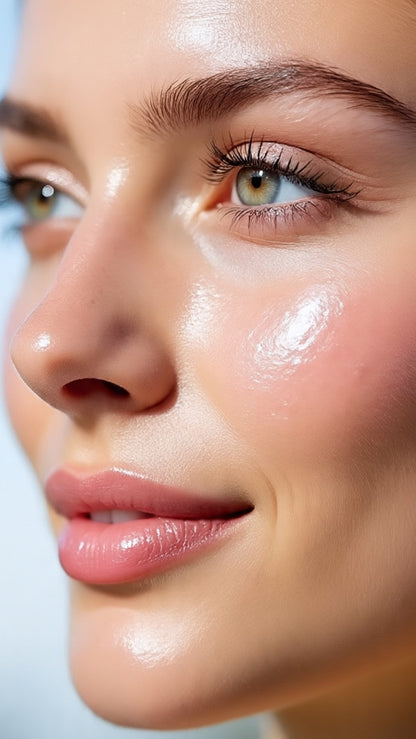 Close-up of a woman's face with a focus on her eye and nose.