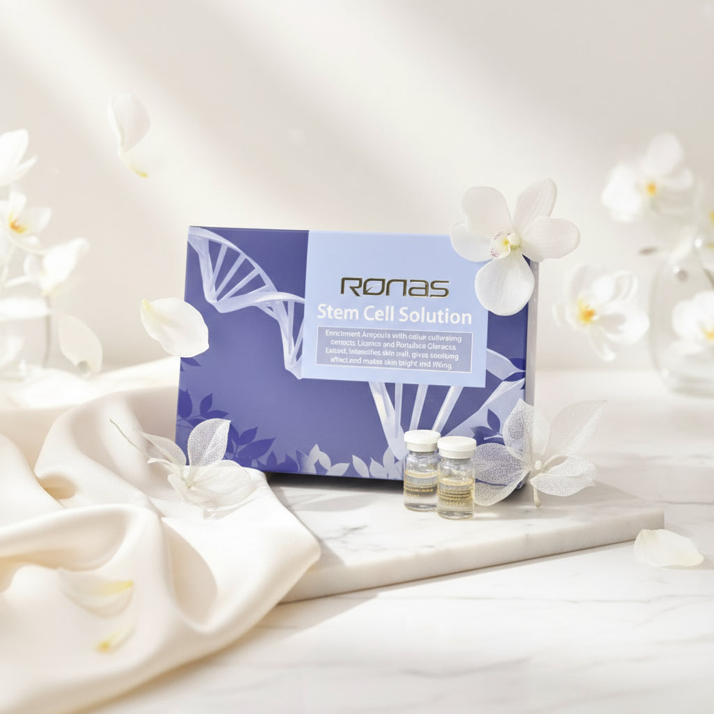 Ronas Stem Cell Solution packaging with white flowers on a light background