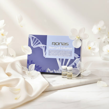 Ronas Stem Cell Solution packaging with white flowers on a light background