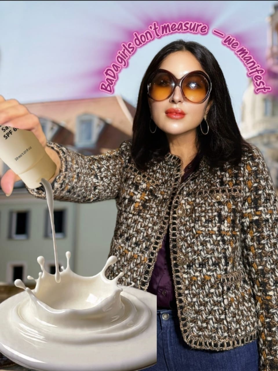 Person holding a bottle of milk with a cityscape background and text overlay.