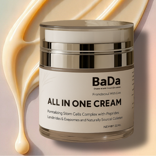 BaDa All in One Cream jar on a beige background